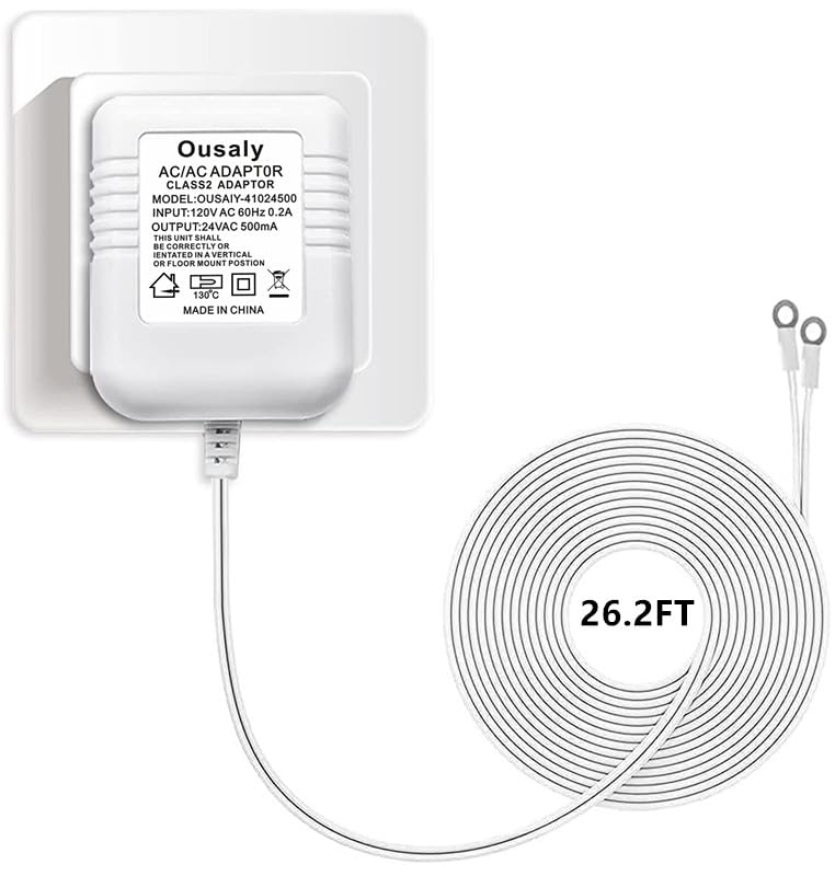 Ousaly Doorbell Power Adapter, 24V Transformer Compatible with Ring Doorbell,Video Doorbell,Nest, Ecobee, Sensi and Honeywell Thermostats, 24 Volt 500mA C-Wired AC Plug in Cord,C Wire Adapter 26.2FT - Image 1